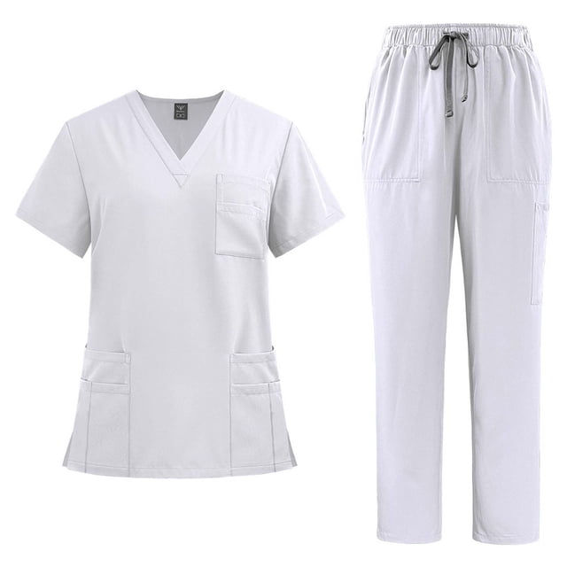 UPPADA Scrub Sets for Woman Solid Color V-Neck Short Sleeve Long Pants and Scrub Tops Nurse Uniform Soft Stretch Easy Care Women Tops Set with Pockets White,L