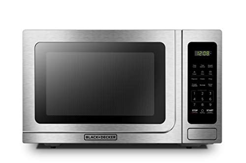 BLACK+DECKER EM036AB14 Micro-ondes numérique avec plateau tournant et porte à bouton-poussoir, verrou de sécurité enfant, acier inoxydable, 1,4 pi³