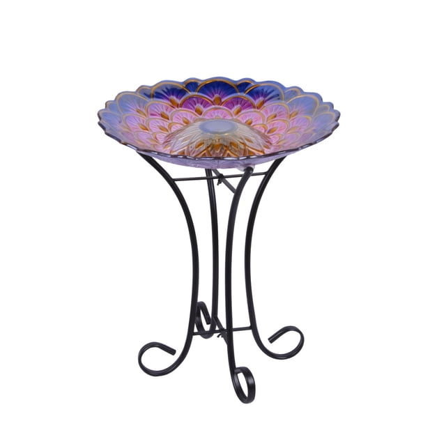 Bain d'Oiseaux en Verre à Motif FLORAL Solaire avec Support