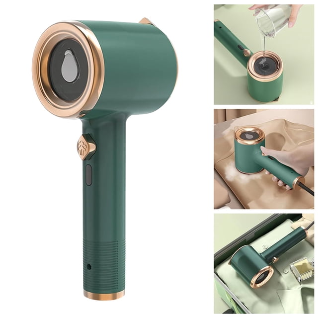 WIFKLSIIPG Travel Mini Steam New Upgraded Portable Handheld Garment Steamer for Clothes. This compact and lightweight steamer, shown in a green and gold finish, features a concealed water tank for both dry and wet ironing. The main image highlights its ergonomic design, while additional images demonstrate water filling, garment steaming, and its portability in a suitcase. Ideal for quick touch-ups and travel use.