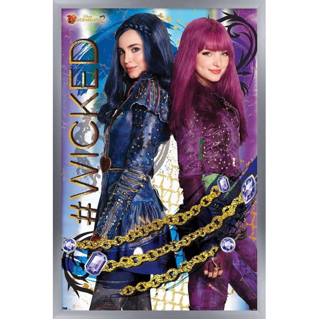 Disney Descendants 2 - Wicked Affiche Murale, 14,725 Po x 22,375 Po Encadrée, Représentant Deux Personnages Debout l'Un derrière l'Autre Portant des Vestes en Cuir Bleu et Violet Cloutées avec des Chaînes Dorées et des Graphiques de Pierres Précieuses sur un Fond Abstrait Coloré avec le hashtag #Wicked en Lettrage Doré, Idéal pour Décorer des Chambres, des Résidences Étudiantes Ou des Bureaux.