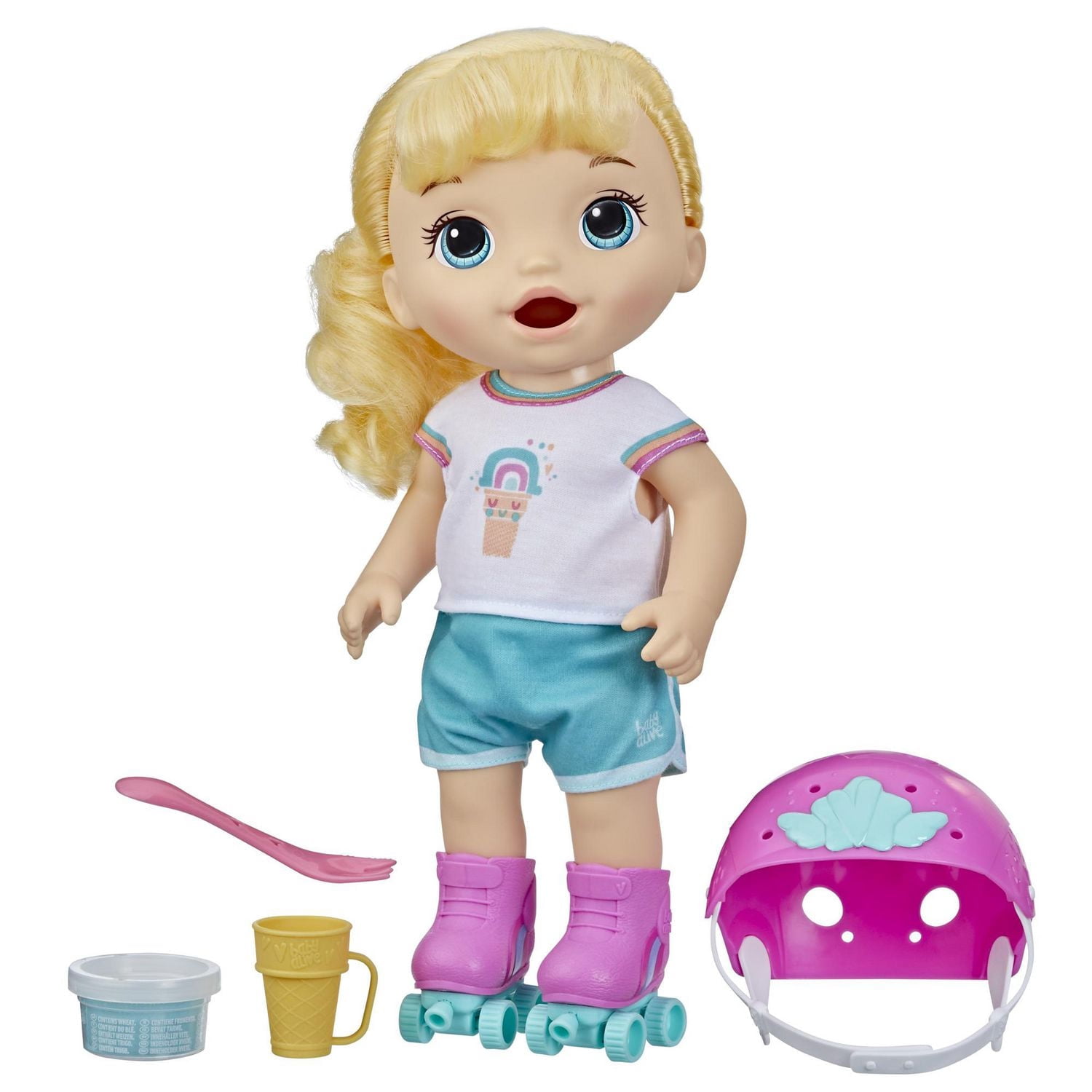 Baby Alive Poupée en patins à roulettes, 30 cm, pour enfants, dès 3 ans, mange et fait « caca », poupée avec patins à roulettes, cheveux blonds