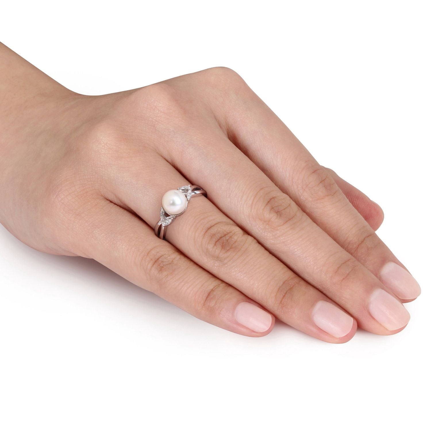 Bague croisée Miabella avec perle cultivée d'eau douce 7,5-8mm et accents de diamants en or blanc 10K
