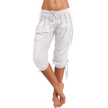Lroveb Capri Pants for Women Drawstring Workout Summer Pants Solid Color Large Size Harlan Pants Ladies Sportswear White