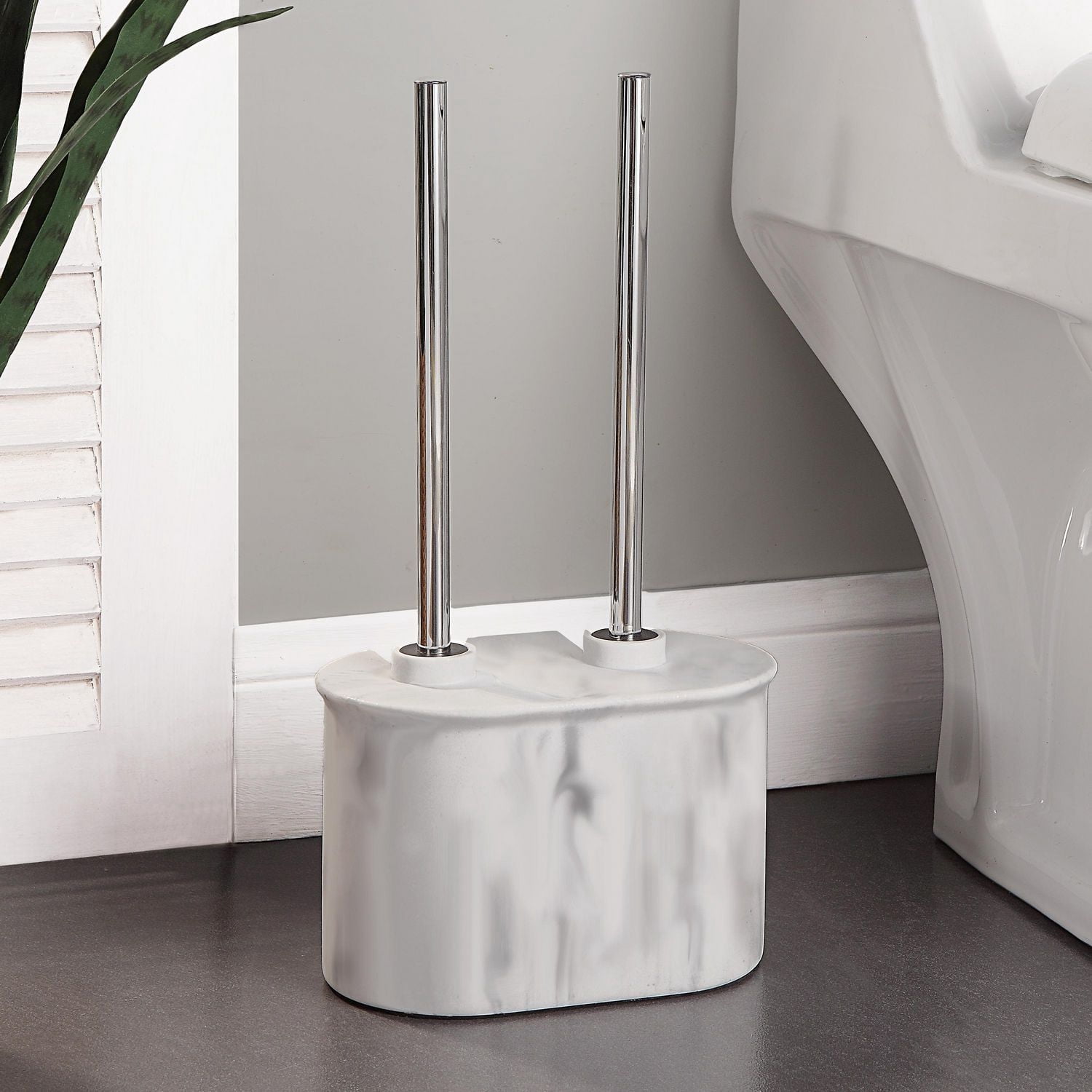 hometrends Ensemble de ventouse de toilette et de brosse à cuvette en faux marbre blanc, avec poignée en métal et support en grès pour une utilisation dans la salle de bain
