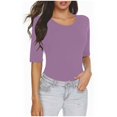 thumbnail image 1 of AherBiu T-Shirts pour Femmes Couleur Unie Manches 1/2 Col Rond Été Ajusté Extensible Confortable Basique, 1 of 6