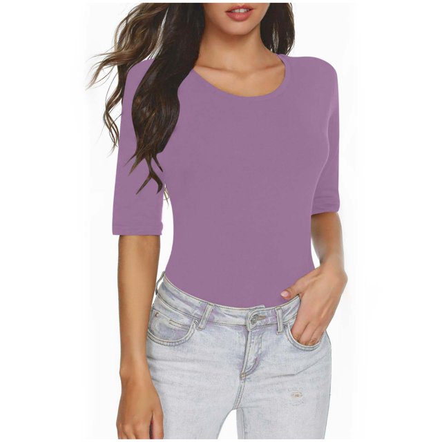 AherBiu T-Shirts pour Femmes Couleur Unie Manches 1/2 Col Rond Été Ajusté Extensible Confortable Basique