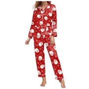 GDREDA Plus Size Pajamas for Women Autumn Winter CHristmas Pajamas Long Pants Sleepwear Sets Soft Comfy Night Wear V Neck Loungewear Two Piece Pajama Wear Pajama Sets pyjamas Watermelon Red,XXL