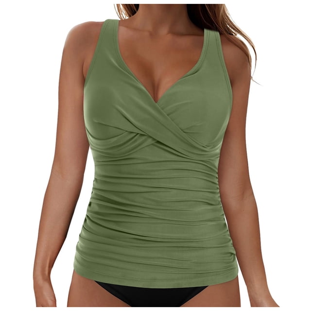 NIEWTR V-Neck Tankini Tops For Women Backless Adjusting Strap Bathing Suits Tummy Control Push Up Swimsuit Top(AG,S)