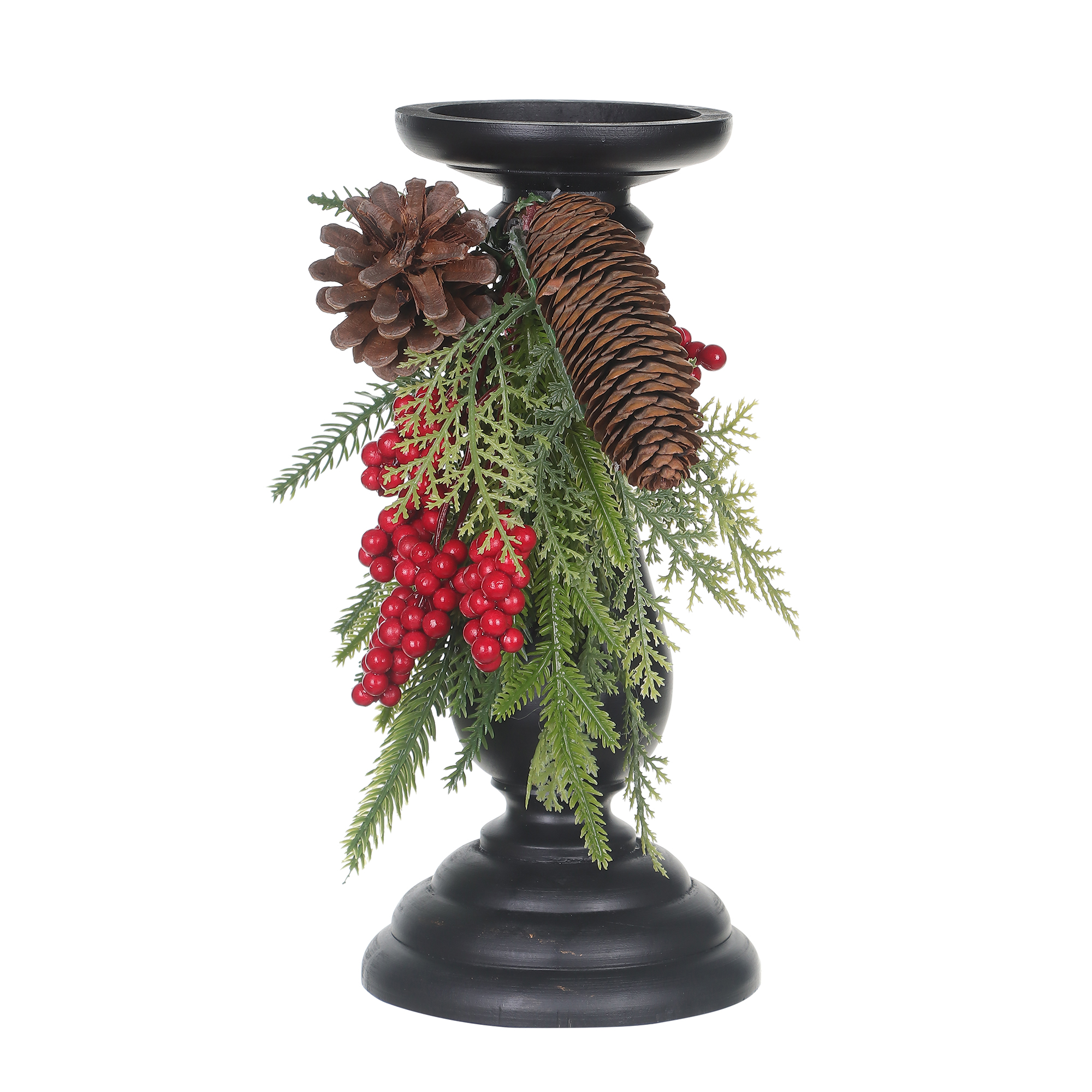 HOLIDAY TIME 10 IN Wooden Christmas Candle Holder with Pinecone and Red Berry Foliage