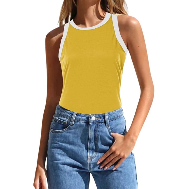 HBFAGFB Débardeurs pour Femmes Mode Col Rond Sans Manches Hauts Ajustés Légers Polyvalents Camisole Jaune Taille TG