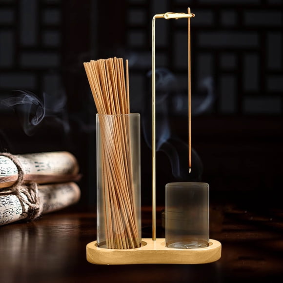 Solid Wood 8 Shaped Incense Stick Holder 2 in 1 Incense Burner with Glass Ash Catcher Cup Rubber Wood Base for Home Altar Yoga Desk Aromatherapy Includes Metal Clip Stand for Clean Burning