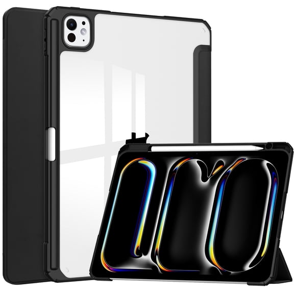 DWaybox Étui pour iPad Pro 11 Pouces 2025 M5 Modèle A3357 / A3358, Support Folio Mince Intelligent avec Mise en Veille/réveil Automatique, avec Fente pour Crayon, Étui Arrière Transparente Claire -Noir