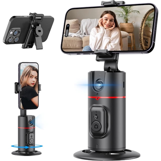 Trépied de Suivi Automatique du Visage Noir avec rotation à 360°, Support de Téléphone pour Prise de Vue Intelligente et Tige Extensible. Comprend un Pince-Téléphone Détachable pour Utilisation sur Bureau, Contrôle par Gestes et une Télécommande Sans Fil pour Utilisation Mains Libres. Idéal pour les Vlogues, TikTok, Diffusion en Direct et Appels Vidéo. Comprend une Batterie rechargeable et un Connecteur de Trépied standard de 1/4 Po pour la Compatibilité avec d'Autres Trépied.