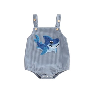 Honganda 0-12 Months Baby Girls Boys Summer Romper Sleeveless Dinosaur/Shark Embroidery Button Casual Romper