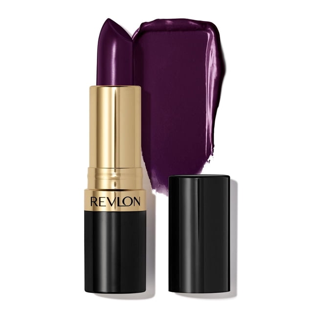 Revlon Super Lustrous Rouge à Lèvres Nacré, Formule Crémeuse, 4,2 g en Violet Foncé avec un tube Noir et Or, Montré avec le Capuchon Enlevé et une Touche de Couleur de Rouge à Lèvres sur Fond Blanc, Souvent Utilisé pour des looks de Lèvres Audacieux et Expressifs.