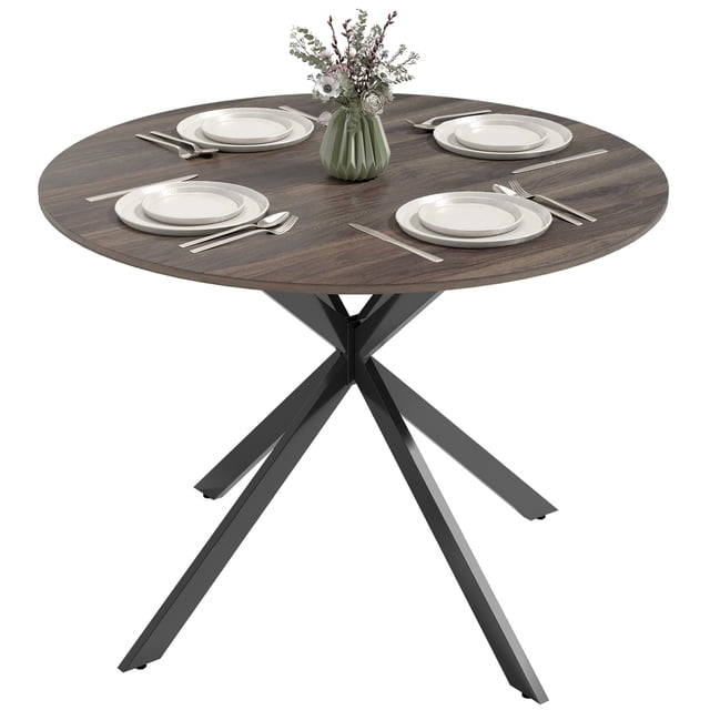 40" round dining table for 4 with a distressed brown wood-look top and black steel X-shaped legs. The table is set with four place settings and a decorative vase in the center. Designed for kitchens or dining areas, it features a scratch-resistant surface, adjustable feet for stability, and a 39.4-inch diameter tabletop.
