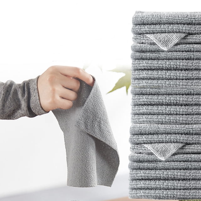TIMIFIS Boxed Wipes 20 Pack Kitchen Wipes in grey, featuring reusable, super absorbent cleaning cloths made of 88% polyester and 12% nylon. These 8.66x8.66-inch wipes are non-stick, quick-drying, and odor-free, ideal for cleaning appliances, wiping counters, and washing dishes. The image shows a hand holding one wipe, with a stack of neatly folded wipes in the background.