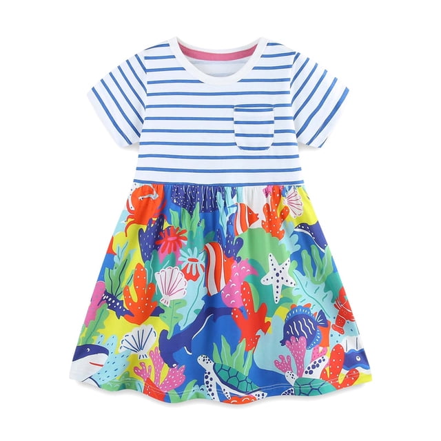Robes d'Été à Rayures pour Petites Filles, Appliqués de Dessins Animés, Robe Décontractée en Coton, Robe Fille, Taille 6-7T