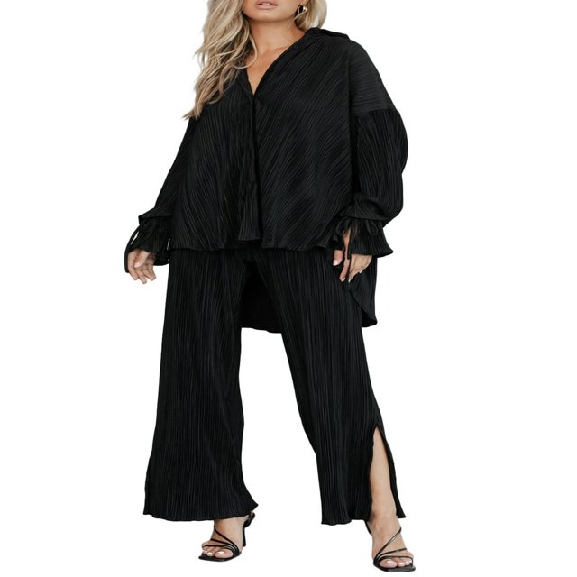 Women Solid Color Long Sleeve Blouse and Straight Fit Trousers