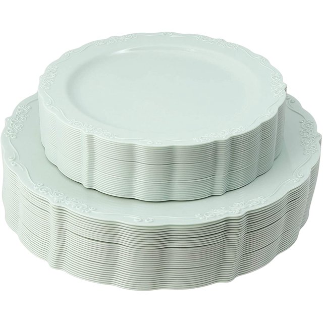 Posh Setting Vintage Disposable Dinnerware Set - Heavy Duty Plastic Plates, 60 Pack with 30 Appetizer & 30 Dinner Plates for Wedding, Light Green