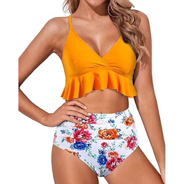 Women Two Piece Swimsuits High Waisted Ruffle Flounce Bikini V Neck Tummy Control Bathing Suit Yellow Floral (M