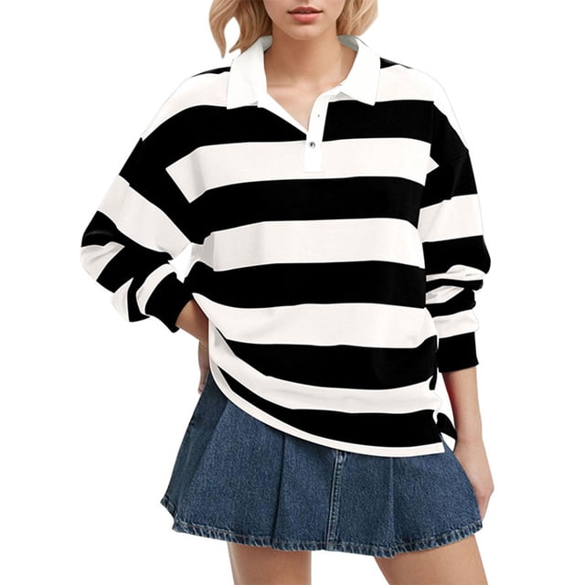 HAiming Hauts Rayés pour Femmes à Manches Longues, Col à Revers, Chandail à Enfiler, Blocs de Couleur, Chemisiers Décontractés, Vêtements Tendance d'Automne