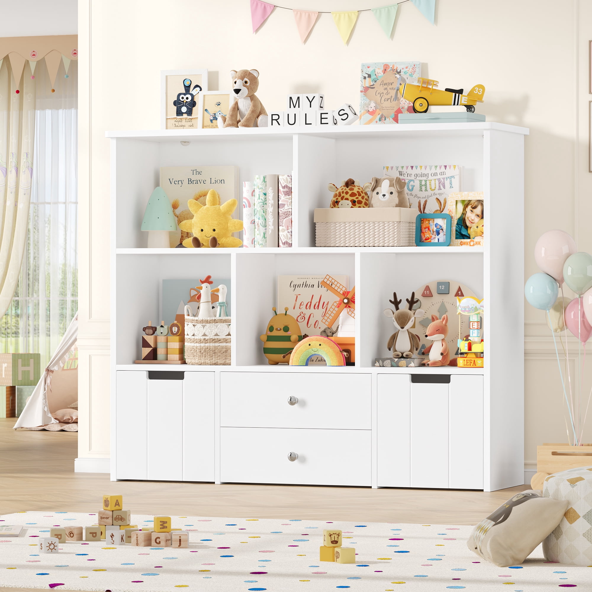 Homfa Kids Toy Storage Organizer, 5 Cubby Children Bookcase and Bookshelf with 4 Drawer on Wheels for Playroom, White