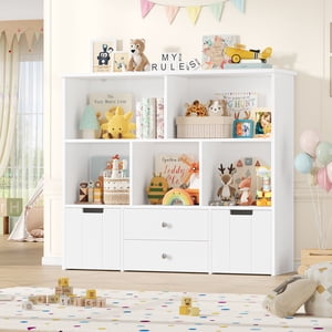 Homfa Organisateur de rangement de jouets pour enfants, 5 Bibliothèque et bibliothèque pour enfants Cubby avec 4 Tiroir sur roues pour salle de jeux, blanc