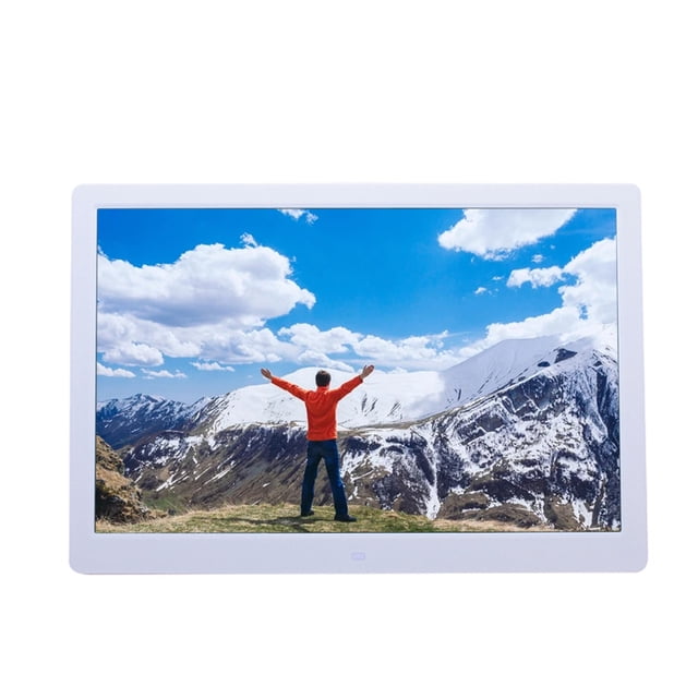 jovati Smart Digital Photo Frame 15.4 Inches with a TN screen and 1280x800 resolution, displaying a vibrant image of a person standing on a mountain with arms raised against a snowy landscape. Features include 32GB playback content, wide viewing angle, stereo speakers, and multiple playback modes. The frame is wall-mountable and includes a remote control for easy operation.