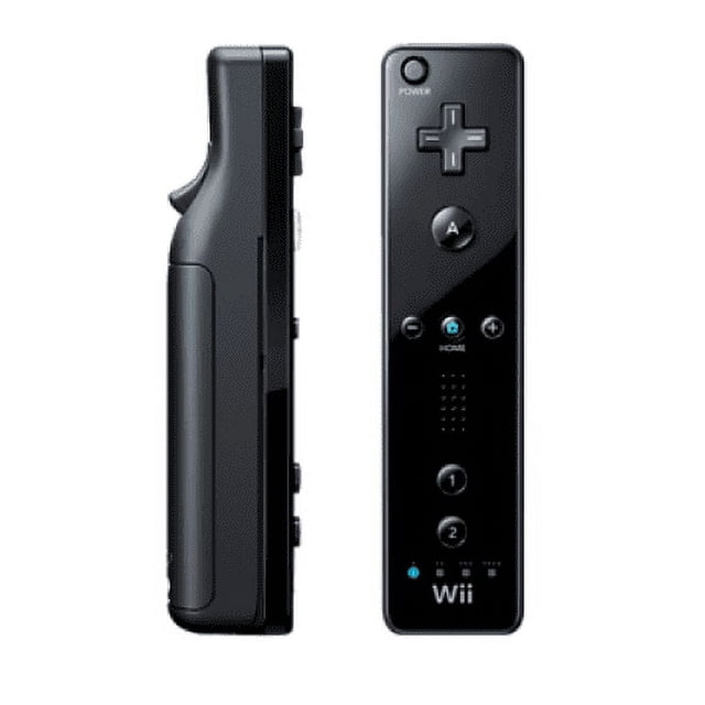 Authentic Official Nintendo Wii Wireless Remote - Black - 100% OEM front-facing black Nintendo Wiimote showing A/B/1/2 buttons, D-pad, home and power buttons, speaker grille and wrist-strap loop; supports nunchuk and classic controller peripherals, tested, cleaned and sanitized, uses 2 AA batteries (not included), minimal wear, suitable as a spare or replacement controller for multiplayer or retro setups.