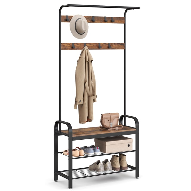 VASAGLE Coat Rack, Hall Tree with Shoe Bench for Entryway, Entryway Bench with Coat Rack, 4-in-1 Front-facing brown and black hall tree with steel frame and particleboard bench, two-tier shoe rack under the bench, top hanging rod and nine removable metal hooks, wide legs and anti-tip kit visible; bench supports 198 lb (90 kg). Also suitable as a mudroom organizer for pet leashes or sports gear.