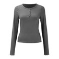 thumbnail image 4 of Long Sleeve Tee Shirts 2023 Long Sleeve Shirts for Women V Neck Henley Tops Slim Fit Basic Ribbed Knit Button down T Shirts Tops - Hontri, 4 of 5