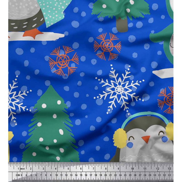 Soimoi Blue Rayon Fabric Christmas Tree & Penguin Cartoon Print Sewing Fabric Yard 56 Inch Wide
