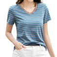 thumbnail image 1 of Women's Striped Retro Top Korean Style Full Loose Round Neck Short Sleeve Design Sense Color Contrast T Shirt, 1 of 4
