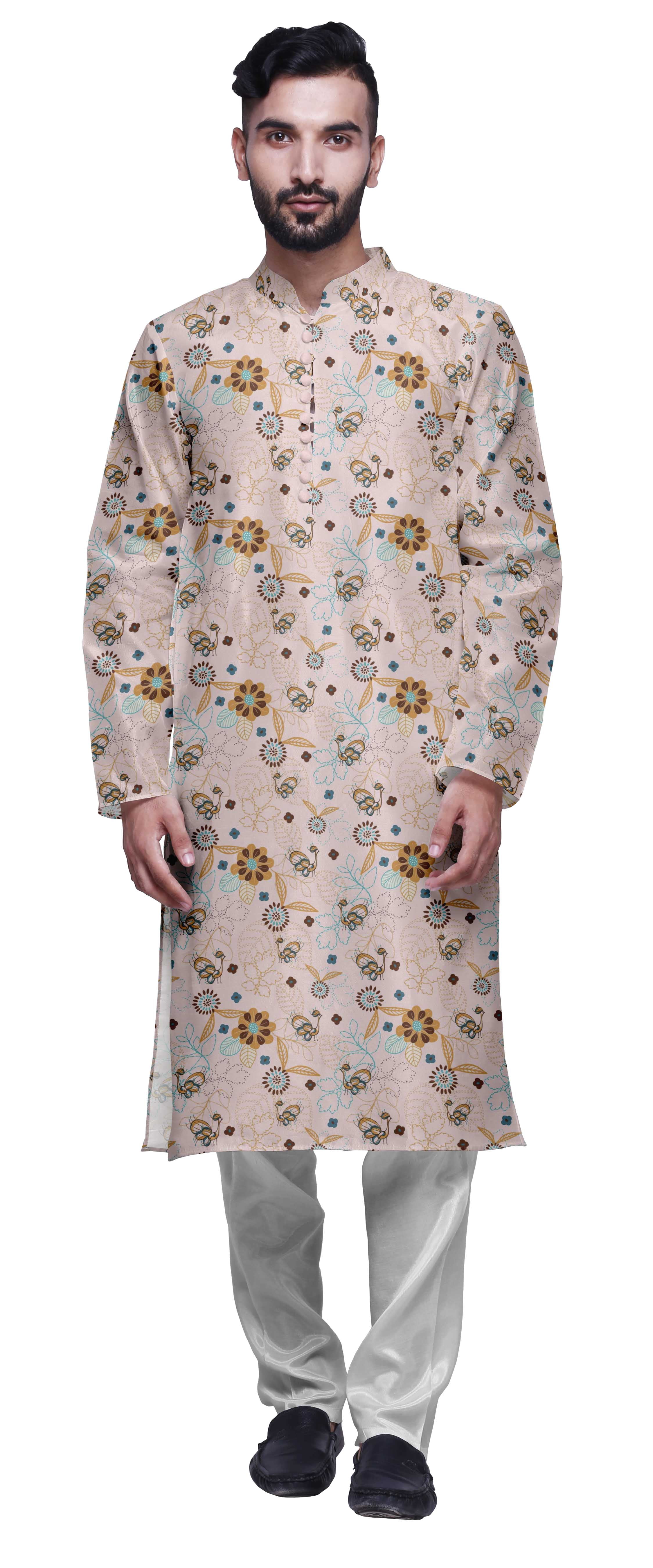Atasi Kurta Imprimé pour Homme et Ensemble de Pyjama Churidar Blanc Col Mandarin Tenue Ethnique