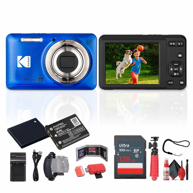 Kodak Pixpro FZ55 Digital Camera (Blue) bundle displayed with all included accessories. The compact point-and-shoot camera features a 16MP 1/2.3” CMOS sensor, a 28mm wide-angle lens, and a 2.7” LCD screen. Accessories include a 128 GB memory card, rechargeable battery, battery charger, flexible tripod, card reader, card wallet, hand strap, and a full cleaning kit. The camera is shown from the front and back, highlighting its lens and LCD screen displaying a photo. Ideal for capturing sharp images, group shots, and Full HD videos.