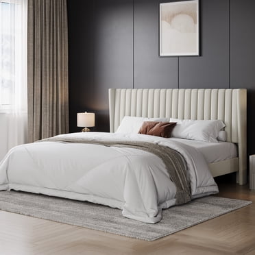 FullFurnique Upholstered Bed Frame with Wing Side and Channel Headboard, King, Ivory
