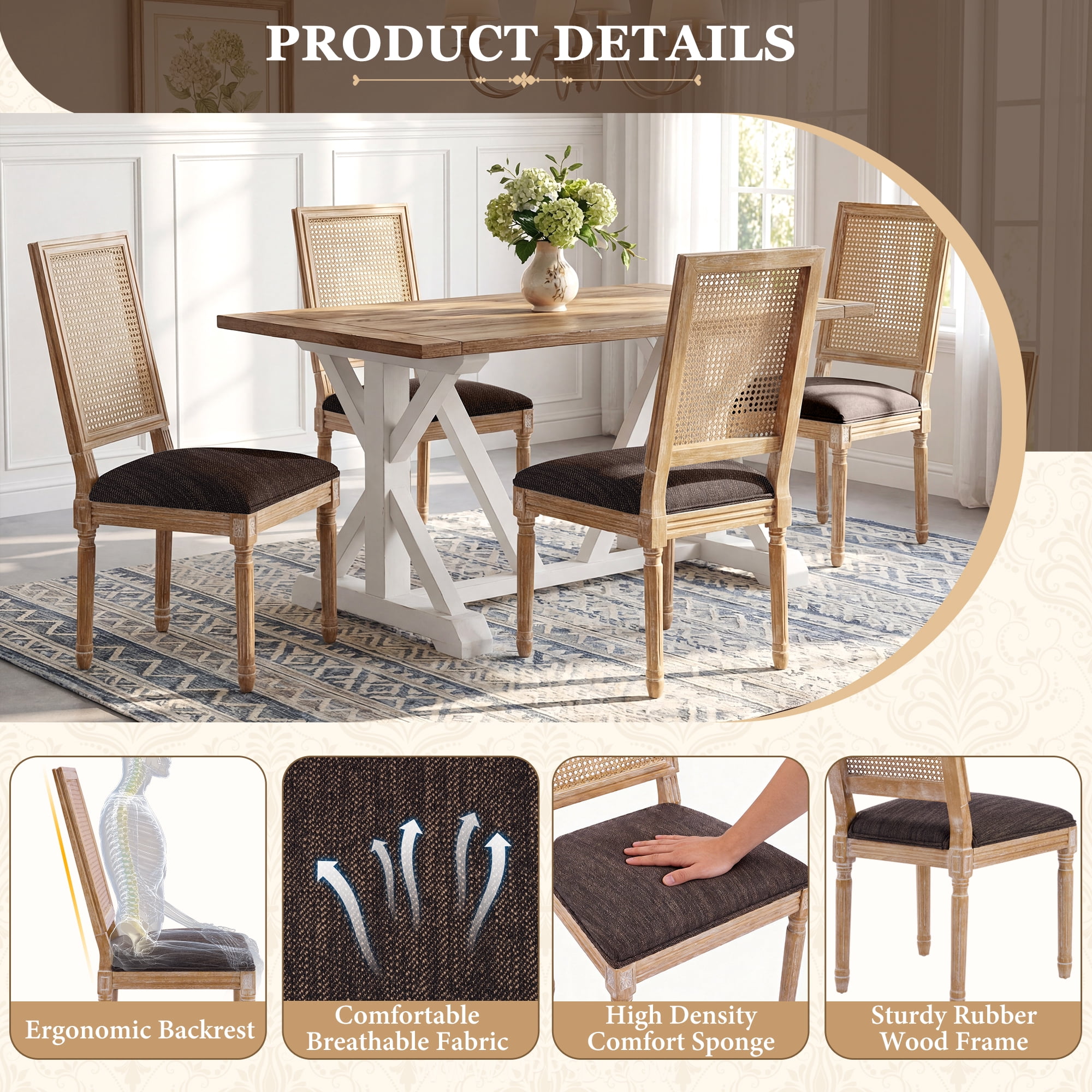 Noble House French Country Dining Chair Set of 2,Rectangular Cane Backrest,Brown