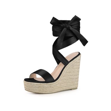 BLISSFUL STEP Sandales Compensées Espadrilles à Plateforme en Satin à Lacets pour Femmes Noir 7