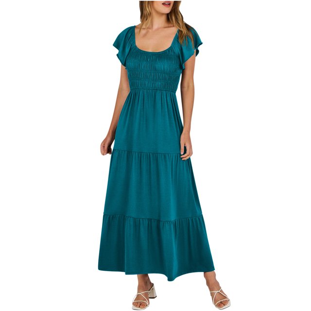 Yuyuzo Robe Décontractée d'Été 2025 pour Femme, Manches Courtes, Longue, Encolure Carrée, Coupe Ample et Fluide, Robe Maxi de Plage