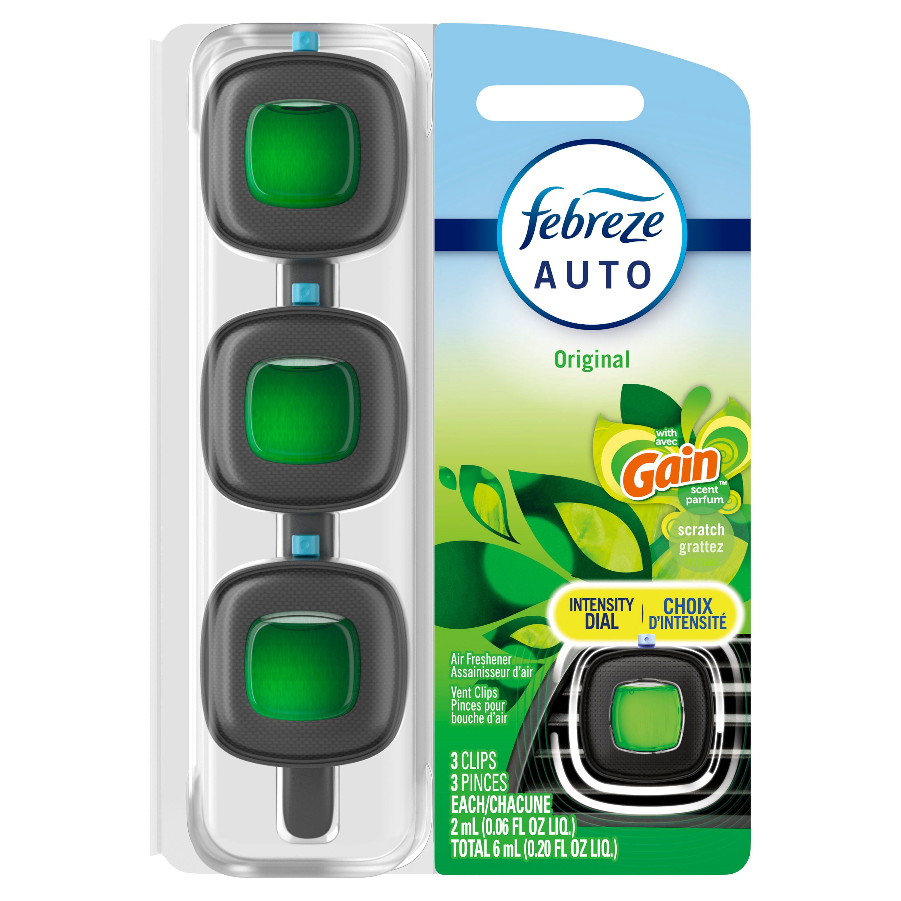 Assainisseur d’air pour voiture sous forme de pince pour bouche d’air Febreze AUTO, parfum Gain Original, pince pour bouche d’air de voiture de 2mL3