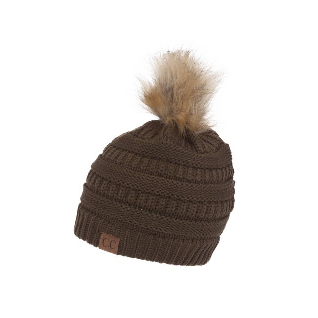 Gravity Threads Cable Knit Faux Fur Pom Pom Beanie Hat, Olive