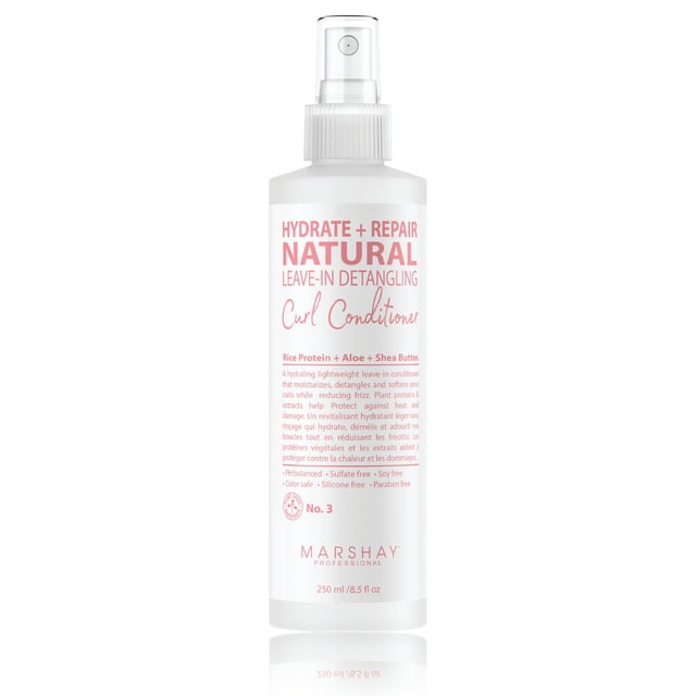 Hydrate + Repair Leave-in Curl Spray Detangler No.3 by Marshay Organic Beauty, a 250ml lightweight leave-in conditioner designed to moisturize, detangle, and soften curls while reducing frizz. The spray bottle features a white and pink label with details about its plant protein technology, including rice protein, aloe, and shea butter for heat protection and damage repair. Suitable for damp or dry hair, it offers a light hold and is free from sulfates, silicones, and parabens.