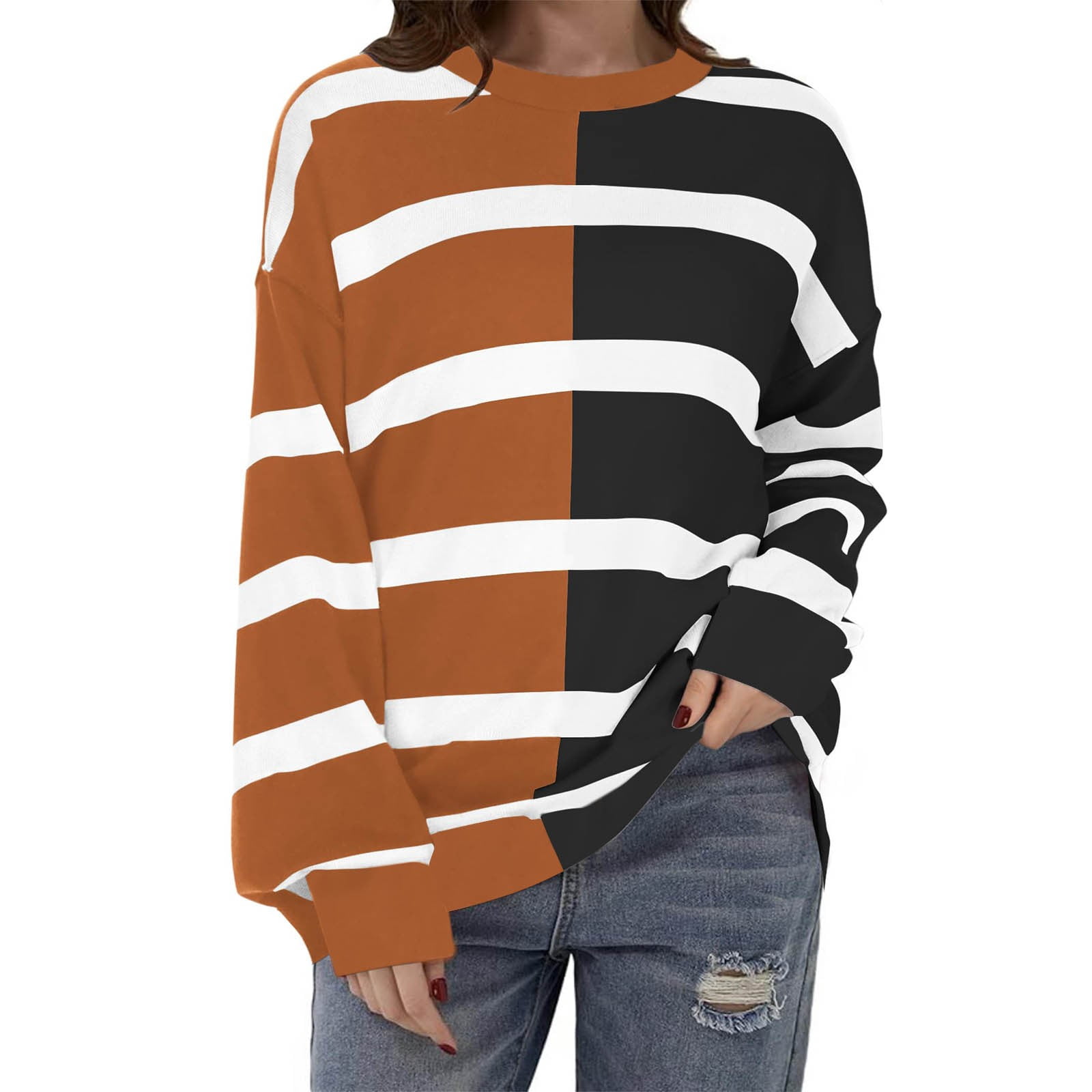 Rbaofujie Chandails pour Femmes Tendance Chandails Décontractés à la Mode Imprimés à Col Rond à Manches Longues Chandail à Enfiler Hauts Chandails Orange Chandails à Capuchon d'Automne pour Femmes