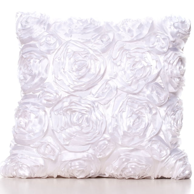 Gouchee Home Coussin Rose en satin Blanc avec Motifs de Roses Tridimensionnels Faits à la Main sur un Coussin Décoratif Carré de 16 par 16 Pouces, Rempli de Fibre de polyester Canadienne de Qualité Supérieure et Équipé d'Une Fermeture Éclair pour un Nettoyage Facile, Souvent Utilisé comme accent Décoratif en décor de Maison.
