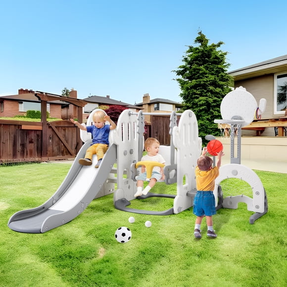 GloryStar 7-in-1 Toddler Slide Set with Swing, Basketball Hoop, and Versatile Play Elements, Indoor and Outdoor Kids Playground with Climber, Soccer, and Golf
