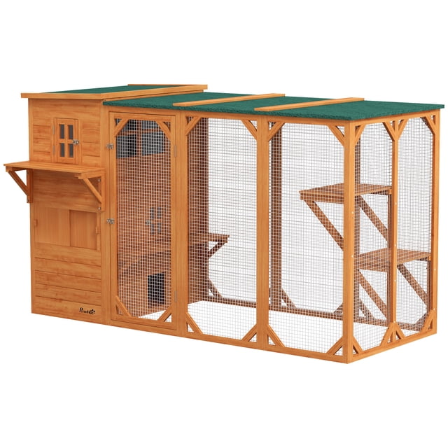 PawHut Catio pour Chat en Bois 76 Po L Maison pour Chat d'Extérieur avec Plateformes à Sauter. Enclos Extérieur pour Chat de 76 Po (193 cm) avec Maison Principale en Sapin orange et Vert et Enclos en Fil d'Acier Galvanisé, Toit Inclinable en Asphalte pour Résistance aux Intempéries, Trois Portes et Fenêtres, Deux Plateformes à Sauter et un condo de Repos à Trois Niveaux; Convient à Deux à Trois Chats (jusqu'à 20 lb/10 kg Chacun) et Convient comme Abri Extérieur Ombragé pour les Petits Animaux