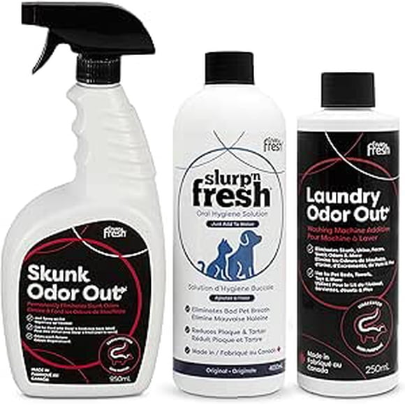 Skunk Odor Off Spray Bundle, Ready To Use Skunk Odor Remover, Slurp N' Fresh Dog Mouthwash Bad Breath Solution, Laundry Odor Out Skunk Smell Remover Deoderizer