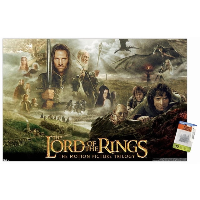 Le Seigneur des Anneaux : le Film Trilogie Affiche Murale avec Punaises, 22,375 Po x 34 Po, Affichant un collage Lustré et Haute Résolution de Personnages, Chevaux, dragons et du script à une Bague sur un Paysage Brumeux de Terre du Milieu, Convient pour Décorer les Pièces et Facile à Accrocher avec Montages Adhésifs Inclus.